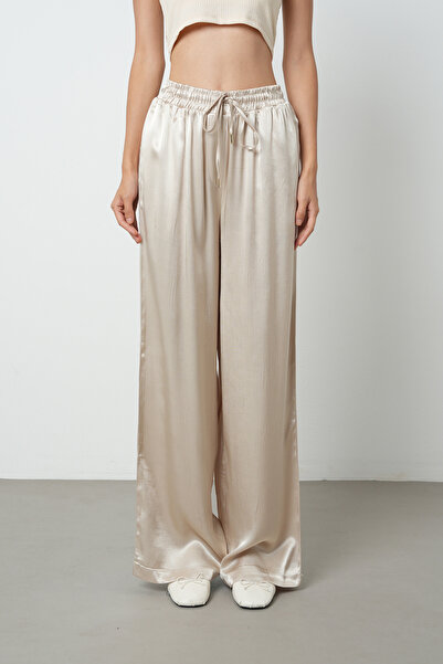 Orfeo Negro Kadın Açık Bej Düz %100 Viskoz Bol Paça Beli Lastikli Pantolon