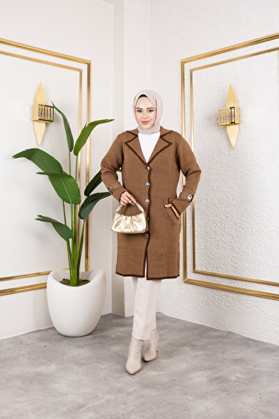Eliva Women's Brown Buttoned Collared Winter Knitwear Hijab Cardigan