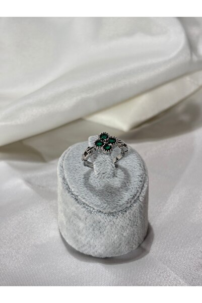 Uzak Işıklar Clover Green Zircon Stone Silver Steel Ring