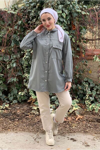 Moda Rosa 26K5372 - Gray - Front Buttoned Gabardine Shirt Jacket