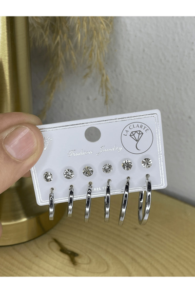 La Clarte Women's Silver Color 6-Piece Stone Detailed Hoop Earring Set