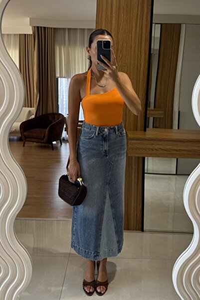 Gizem Ecemiş Loved Ön Dikiş Detaylı Denim Maxi Etek