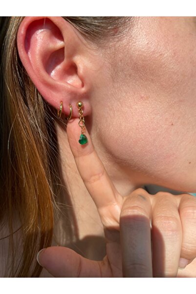 Hora Kalp Zirkon Zümrüt Saklantılı gold Çelik Küpe