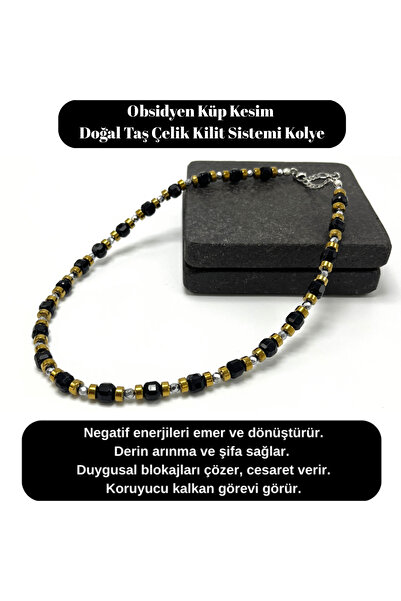 YILDIZ DOĞAL TAŞ SERTİFİKALI Obsidyen Taşı Küp Kesim Doğal Taş Çelik Kilit Sistemi 6 mm Kolye