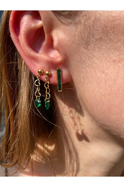 Hora Kalp Zirkon Zümrüt Saklantılı gold Çelik Küpe