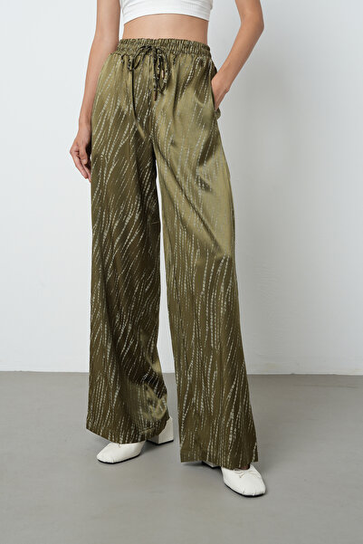 Orfeo Negro Women's Khaki Patterned Wide Leg Elastic Waist Lace-Up Trousers