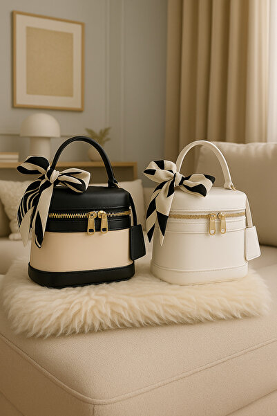 NOTHING Kadın Siyahkrem Beyaz Dikdörtgen Formlu Çapraz Askılı Fular Hediyeli 2'li El ve Omuz Çantası Melina