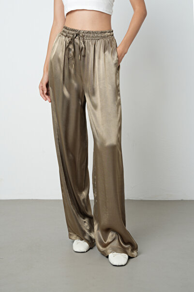 Orfeo Negro Kadın Açık Haki Düz %100 Viskoz Bol Paça Beli Lastikli Pantolon