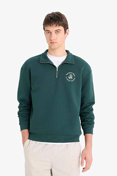 DeFacto Boxy Fit Stand Collar Zippered Printed Green Men's Sweatshirt E9416Ax/Gn536