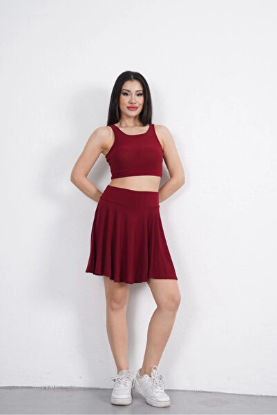 Tam12den Home Sendy Fabric Crew Neck Crop Shorts Skirt Double Set - Claret Red