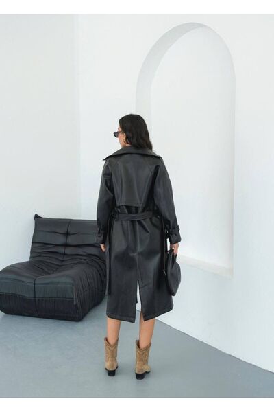 DONNA LISSA Women's Faux Leather Belted Trench Coat