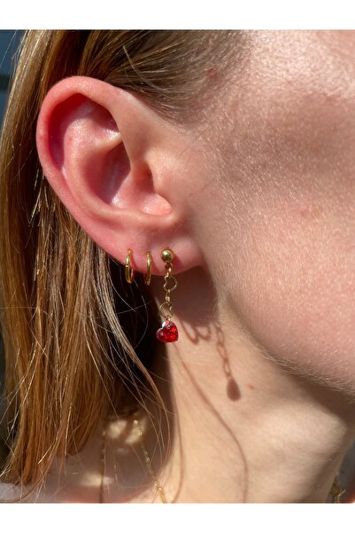 Hora Kalp Zirkon Yakut Sallantılı Minimal Gold Çelik Küpe