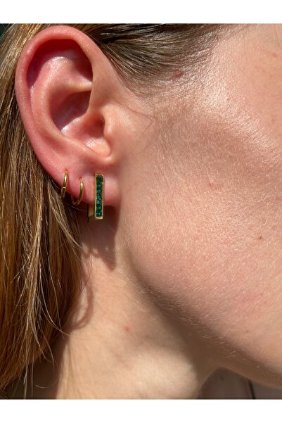 Hora Zirkon Zümrüt Gönülü Kare Form Gold Çelik Küpe