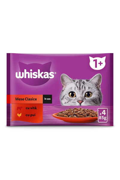 Whiskas Hrană umedă pentru pisici adulte, vită și pui, 4 x 85 g
