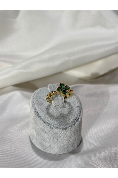 Uzak Işıklar Yonca yeşil zirkon taşlı gold çelik yüzük