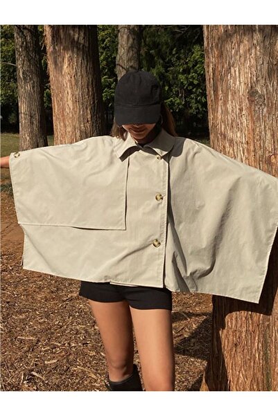 Genel Markalar Bej Yarasa Kol Detay Yakalı Düğmeli Rahat Kalıp Oversize Midi Boy Trençkot WOHOME