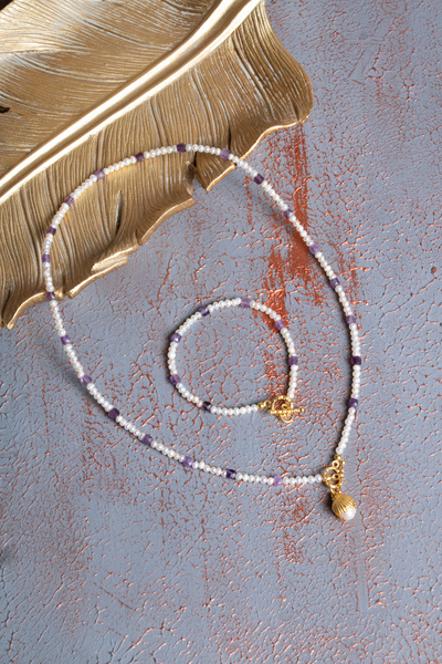 ÇAKRA DOĞAL TAŞ Amethyst & Sand Pearl & Silver Set