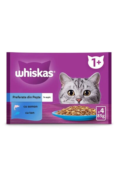 Whiskas Hrană umedă pentru pisici adulte, somon și ton, 4 x 85 g