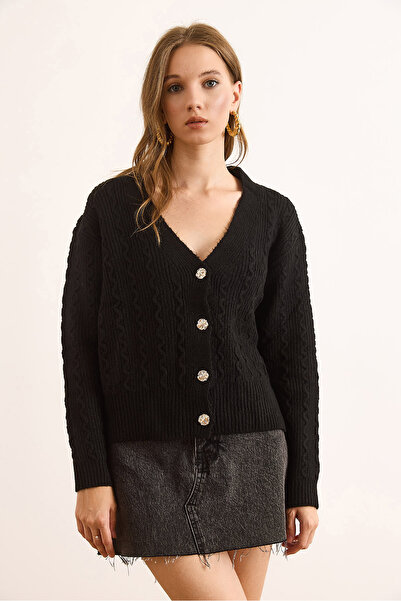 Olalook Women's Black Wave Detailed Soft Textured Cardigan Hrk-19000386