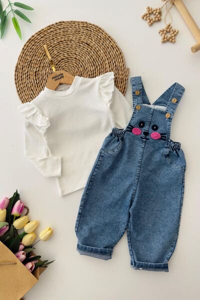 Minigimin Cicileri My Little One's Pink Ruffled Long Sleeve Blouse and Denim Suspender Rabbit Pattern Baby Girl 2-Piece Romper t