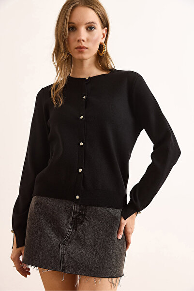 Olalook Women's Black Gold Buttoned Soft Cardigan with Viscose Content Hrk-19000384