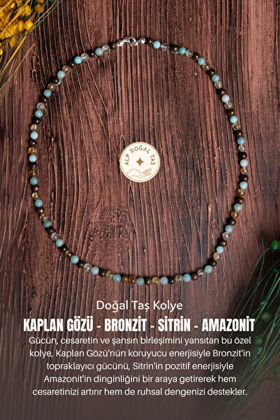 Alp Doğal Taş Sertifikalı Kaplan Gözü Bronzit Sitrin Amazonit Doğal Taş Kolye