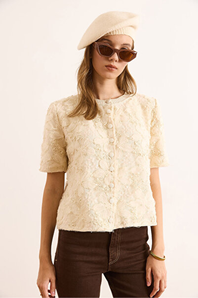 Olalook Kadın Taş Bisiklet Yaka Garnili Triko Hırka HRK-19000396