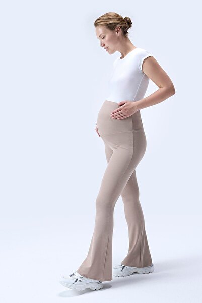 İmaj 367 Beige Color Corded Fabric Shaping / Sculpting and Extra Flexible Effective High Waist Flared Maternity Leggings