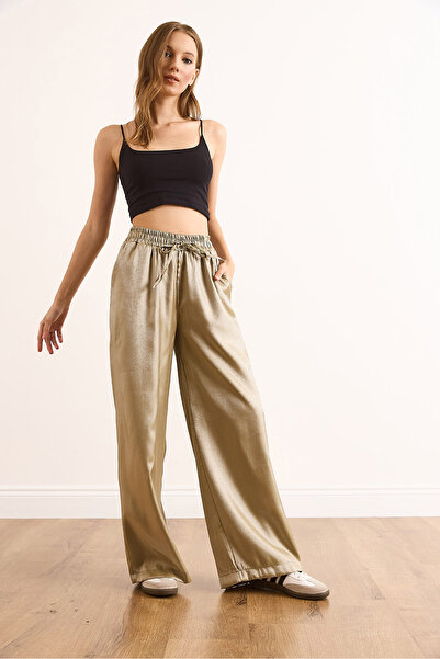 Olalook Kadın Haki Beli Lastikli Cepli Saten Pantolon PNT-19000364