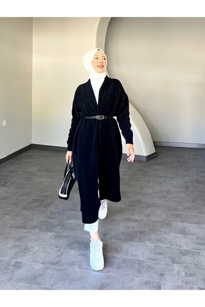 Viskosa Women's Oversize Long Knit Cardigan with Belt Detail