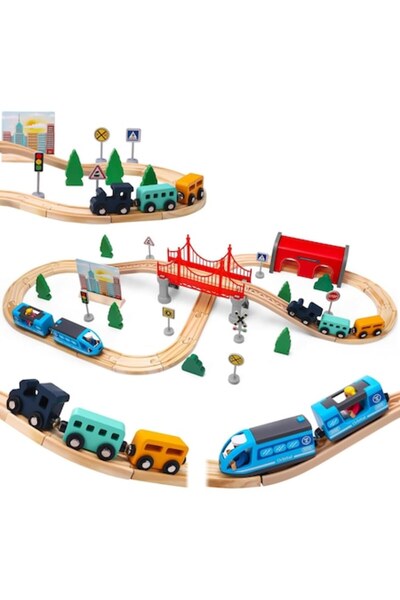 sallma Wooden Train Set with Tracks, Bridge and Educational Accessories, Creative Play for Children