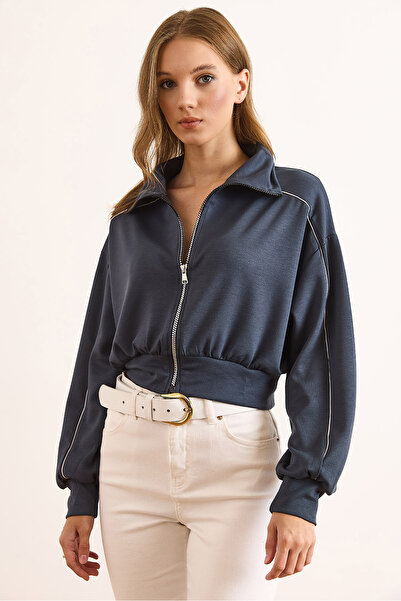 Olalook Kadın Antrasit Modal Biye Detaylı Dökümlü Fermuarlı Sweatshirt SWT-19000739