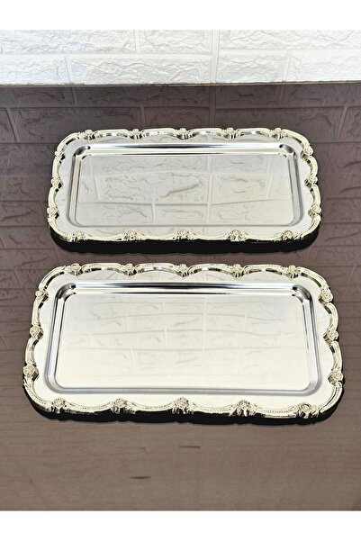 atabey home 2-Piece Full Silver Sunum Tray & Baton Cake Serving Steel Tray Cast Gold Frame 32 cm