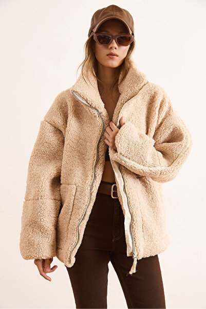 Olalook Kadın Taş Astarlı Fermuarlı Cepli Oversize Peluş Mont MNT-19000048