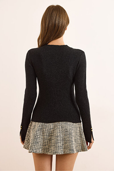 Olalook Women's Black Stand Collar Cuff Slit Button Detailed Knitwear Sweater Kzk-19000995