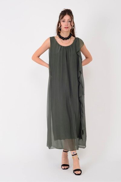 Park Moda 7338 Rochie lungă de mătase cu mâneci din voal și detalii cu volane