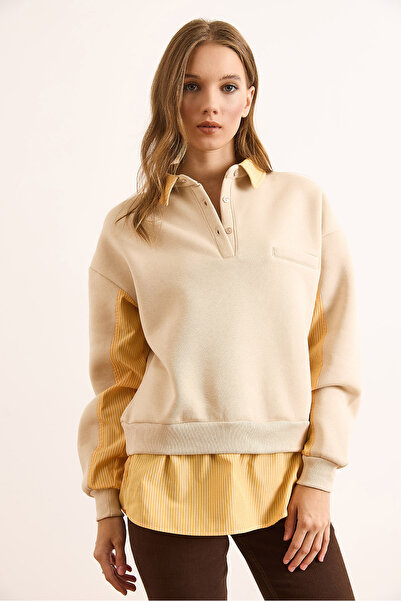 Olalook Women's Beige Shirt Collar Garnished Embroidered Thick Sweatshirt Swt-19000740