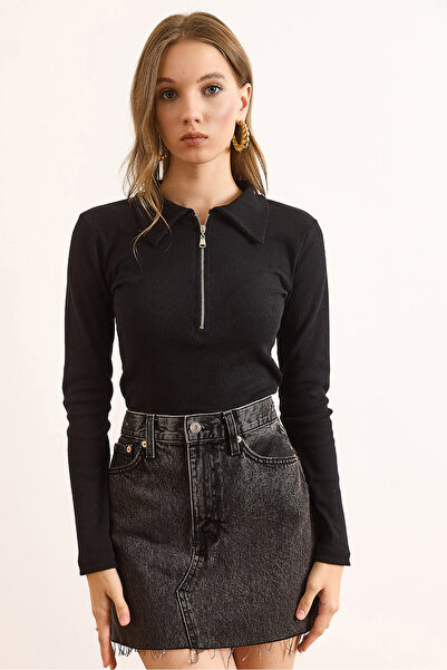 Olalook Women's Black Polo Neck Zippered Long Sleeve Stretchy Blouse Blz-19003103