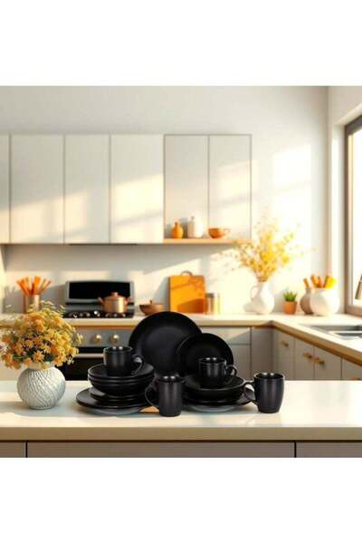 HOMEVEO 16-piece porcelain dinner set with an elegant and modern design in black