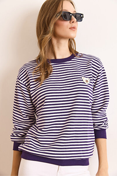 Olalook Kadın Mor Ayıcık Aplike Çizgili Şardonsuz Kalın Sweatshirt SWT-19000745