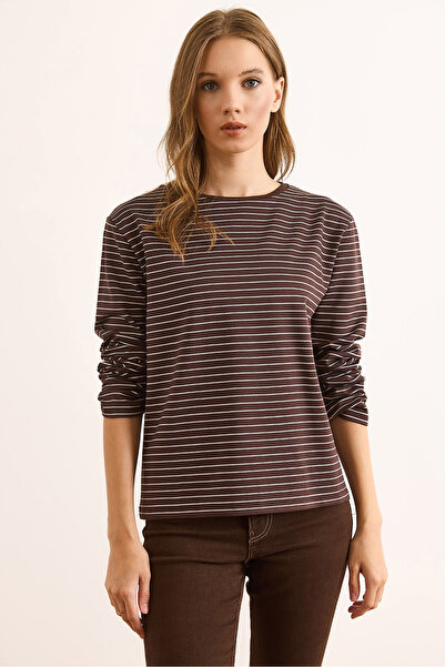 Olalook Kadın Kahverengi Çizgili Yumuşak Dokulu Basic Sweatshirt SWT-19000742