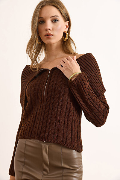 Olalook Γυναικεία καφέ μπλούζα με φερμουάρ με πλεκτό γιακά Madonna BLZ-19003105