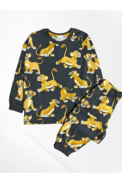 Pajama Shop Boy's 100% Cotton Anthracite Gray Lion Patterned Long Sleeve Winter Pajama Set