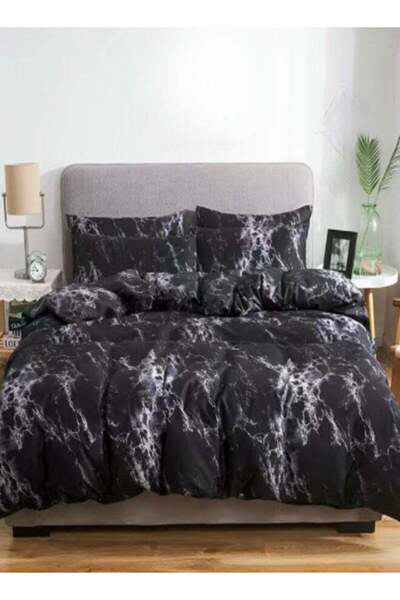 Luna Home Single size 4 piece duvet cover set black marble design