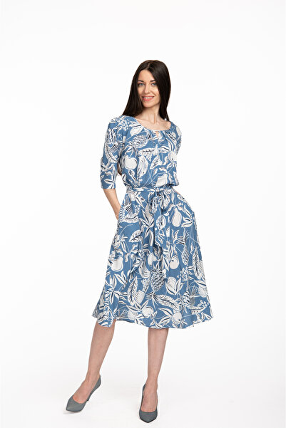Couture de Marie Rochie midi din vâscoză, cloș, cu cordon, print floral bleu – Jemima