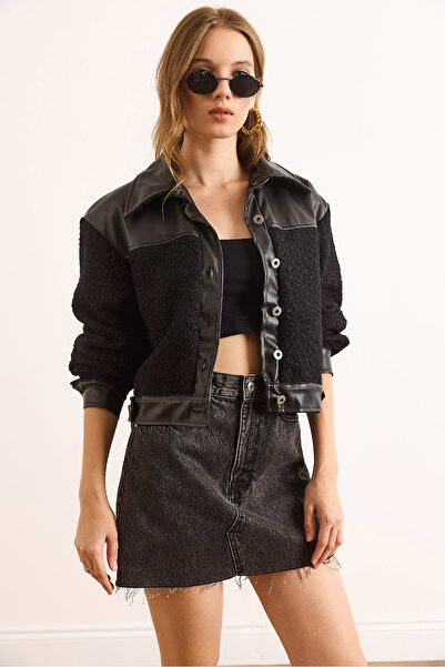 Olalook Kadın Siyah Suni Deri Garnili Astarlı Buklet Ceket CKT-19000463