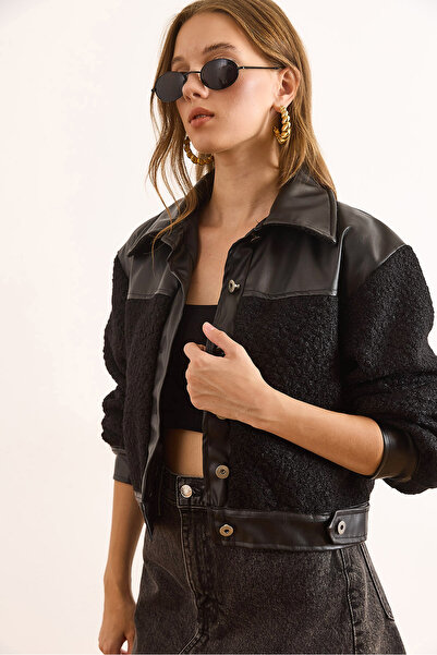 Olalook Kadın Siyah Suni Deri Garnili Astarlı Buklet Ceket CKT-19000463