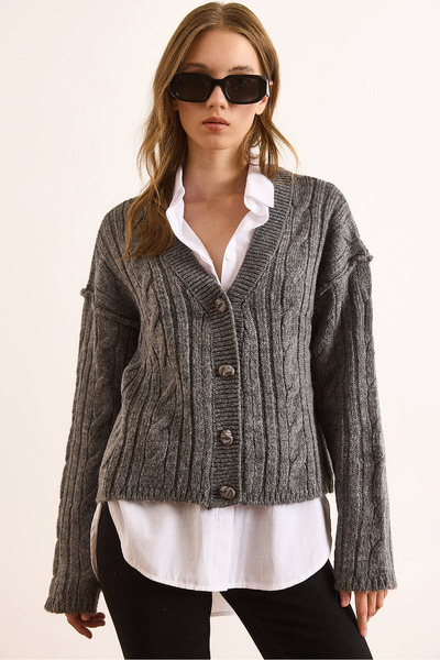 Olalook Women's Smoked 4-Button Hair Braided Soft Textured Knitwear Cardigan Hrk-19000394