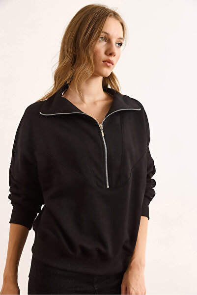 Olalook Hanorac negru pentru femei, cu cusături, cu fermoar, fără șarzi, gros, SWT-19000744