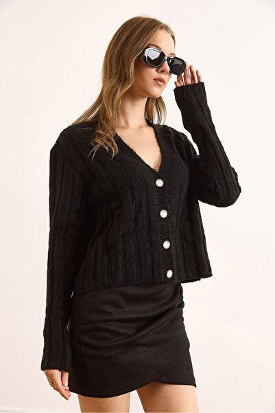 Olalook Women's Black Thick Ribbed Soft Textured Cardigan Hrk-19000385